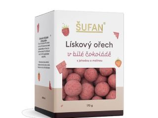 Šufan lískový ořech v bílé čokoládě s jahodou a malinou 170 g